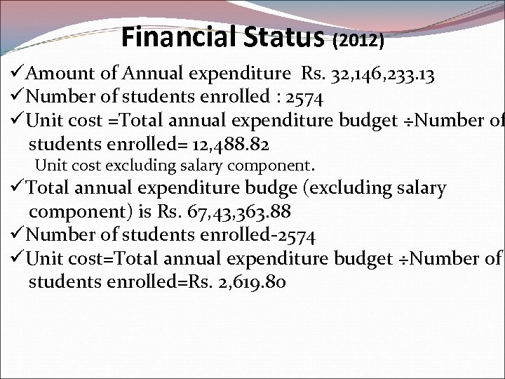 Financial Status (2012) üAmount of Annual expenditure Rs. 32, 146, 233. 13 üNumber of