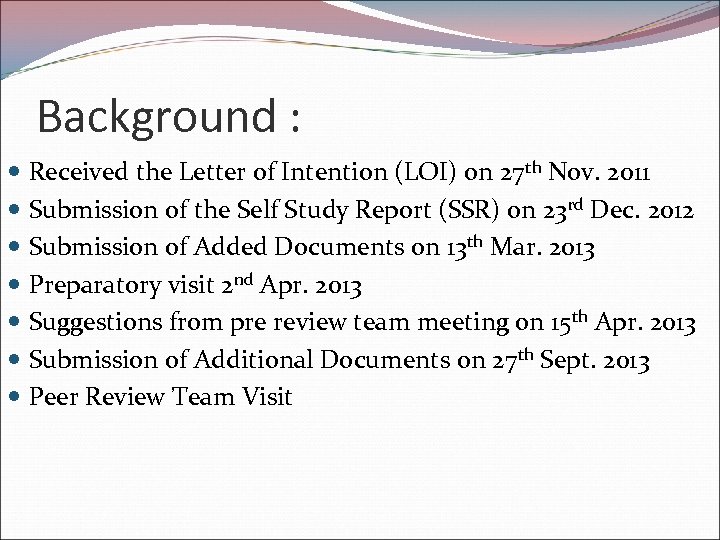 Background : Received the Letter of Intention (LOI) on 27 th Nov. 2011 Submission