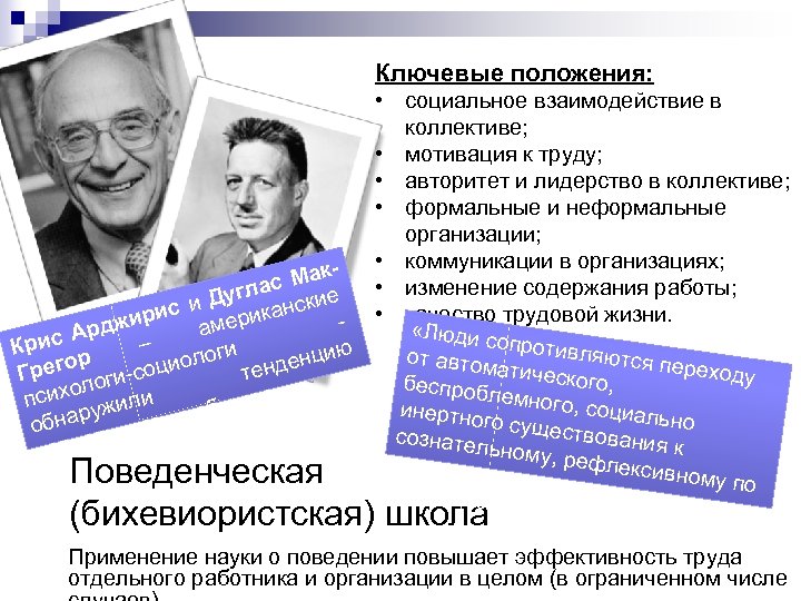 Ключевые положения: • социальное взаимодействие в коллективе; • мотивация к труду; • авторитет и