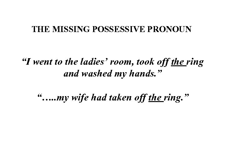 THE MISSING POSSESSIVE PRONOUN “I went to the ladies’ room, took off the ring