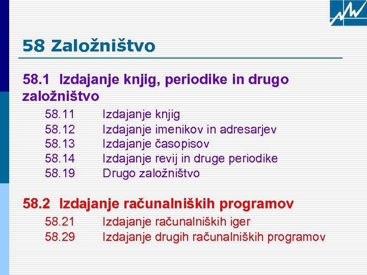58 Založništvo 58. 1 Izdajanje knjig, periodike in drugo založništvo 58. 11 58. 12