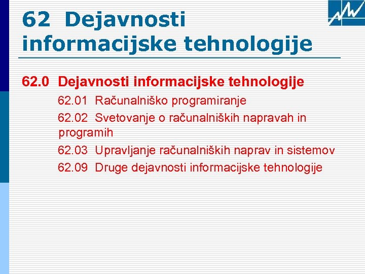 62 Dejavnosti informacijske tehnologije 62. 01 Računalniško programiranje 62. 02 Svetovanje o računalniških napravah