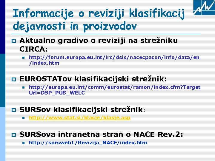 Informacije o reviziji klasifikacij dejavnosti in proizvodov p Aktualno gradivo o reviziji na strežniku