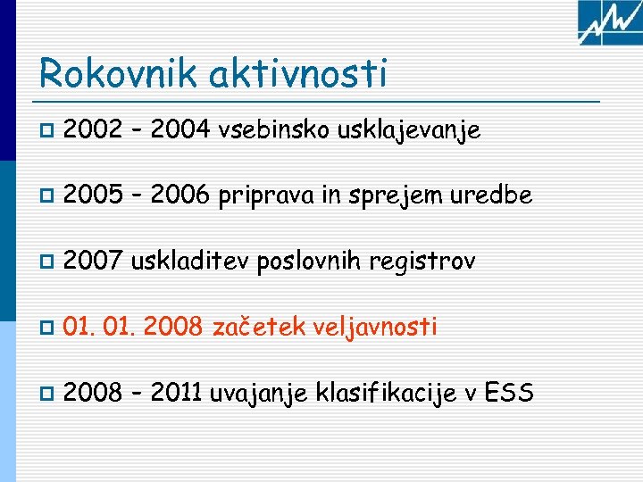 Rokovnik aktivnosti p 2002 – 2004 vsebinsko usklajevanje p 2005 – 2006 priprava in