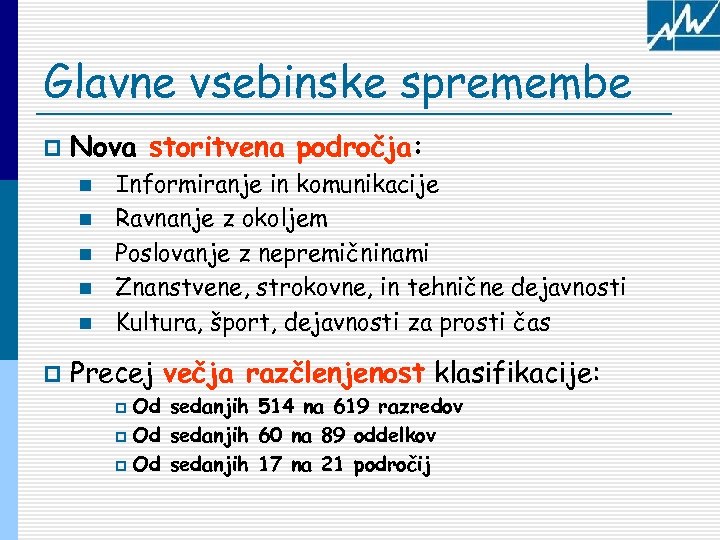 Glavne vsebinske spremembe p Nova storitvena področja: n n n p Informiranje in komunikacije