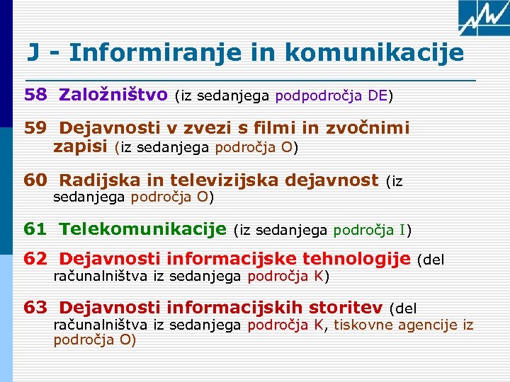 J - Informiranje in komunikacije 58 Založništvo (iz sedanjega podpodročja DE) 59 Dejavnosti v