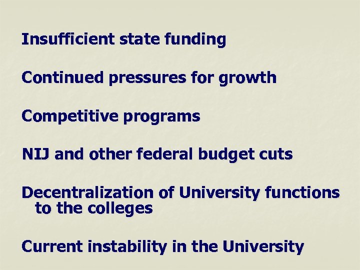 Insufficient state funding Continued pressures for growth Competitive programs NIJ and other federal budget