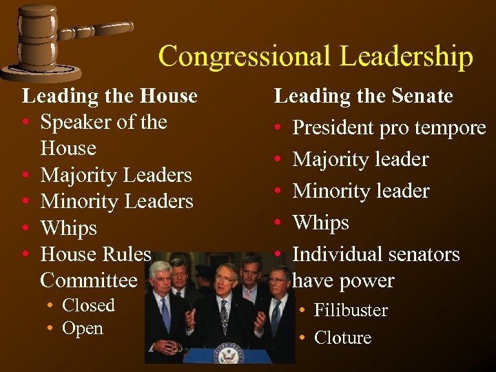 Congressional Leadership Leading the House • Speaker of the House • Majority Leaders •