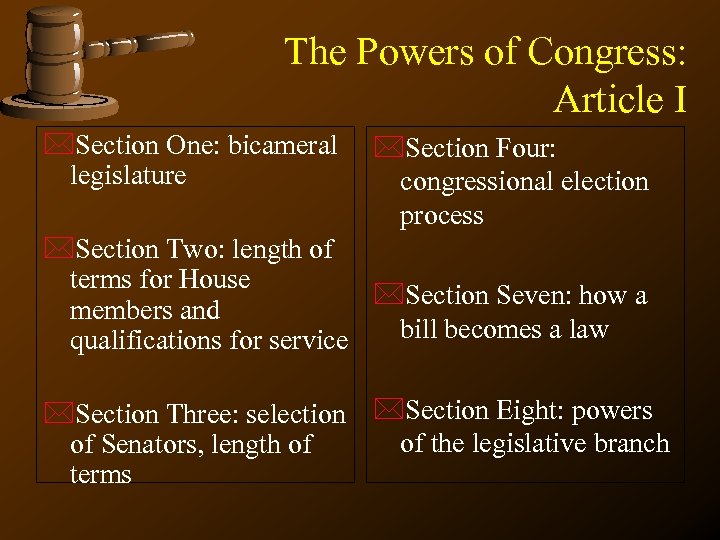 The Powers of Congress: Article I *Section One: bicameral legislature *Section Four: congressional election