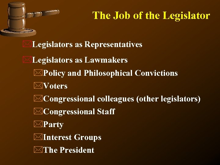 The Job of the Legislator *Legislators as Representatives *Legislators as Lawmakers *Policy and Philosophical