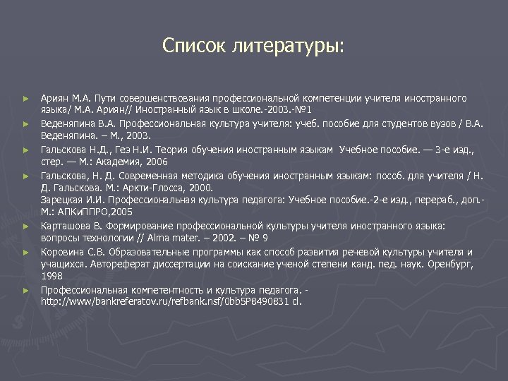 Список литературы: ► ► ► ► Ариян М. А. Пути совершенствования профессиональной компетенции учителя