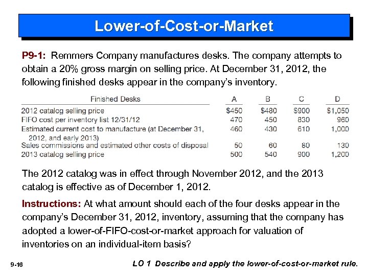 Lower-of-Cost-or-Market P 9 -1: Remmers Company manufactures desks. The company attempts to obtain a