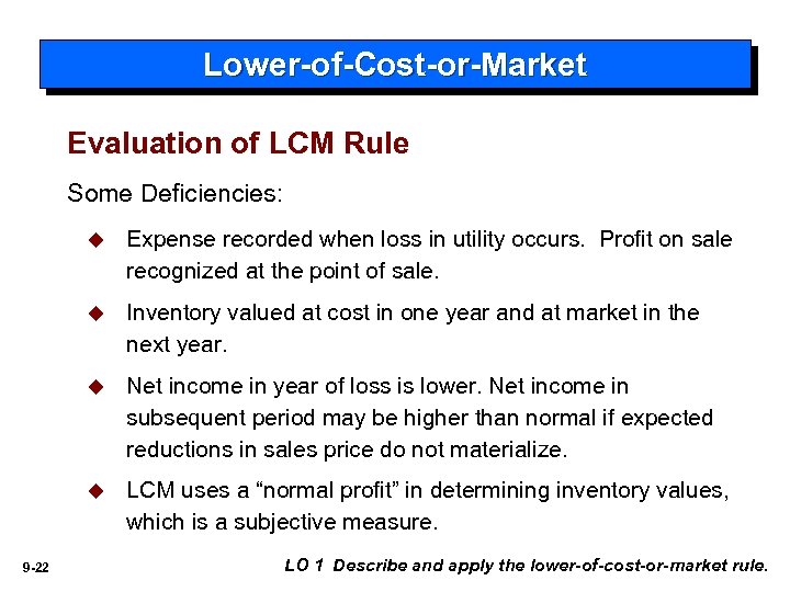 Lower-of-Cost-or-Market Evaluation of LCM Rule Some Deficiencies: u u Inventory valued at cost in