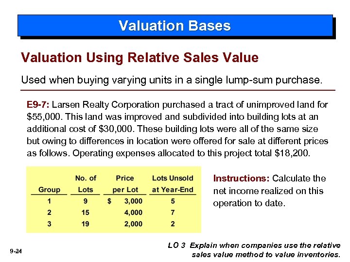 Valuation Bases Valuation Using Relative Sales Value Used when buying varying units in a