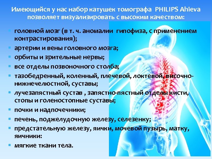 Имеющийся у нас набор катушек томографа PHILIPS Ahieva позволяет визуализировать с высоким качеством: §