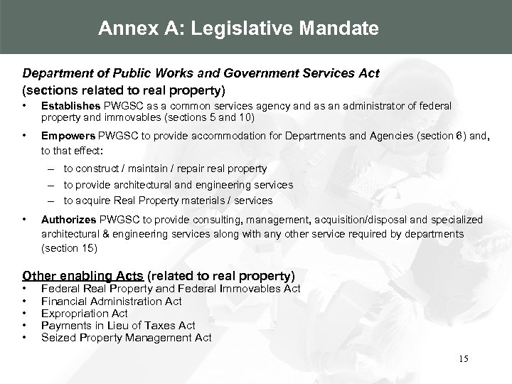 Annex A: Legislative Mandate Department of Public Works and Government Services Act (sections related