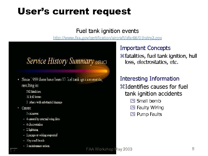 User’s current request Fuel tank ignition events http: //www. faa. gov/certification/aircraft/sfar 88/01 hstry 2.
