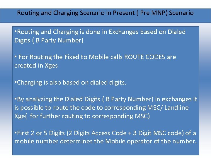 Routing and Charging Scenario in Present ( Pre MNP) Scenario • Routing and Charging