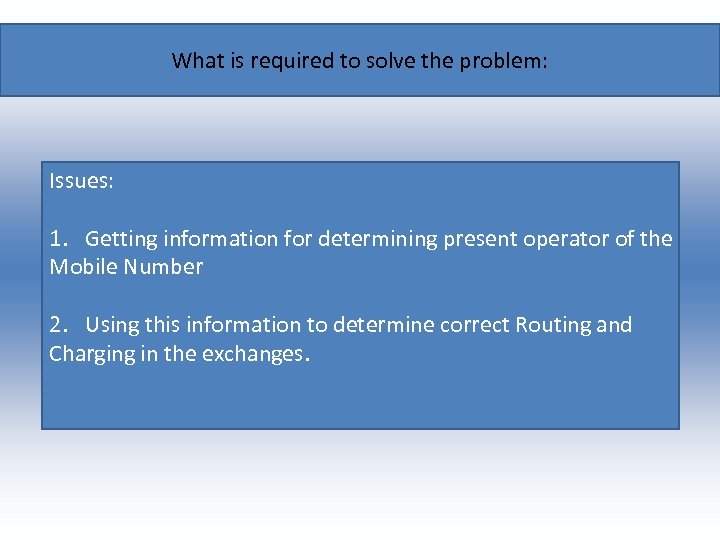 What is required to solve the problem: Issues: 1. Getting information for determining present