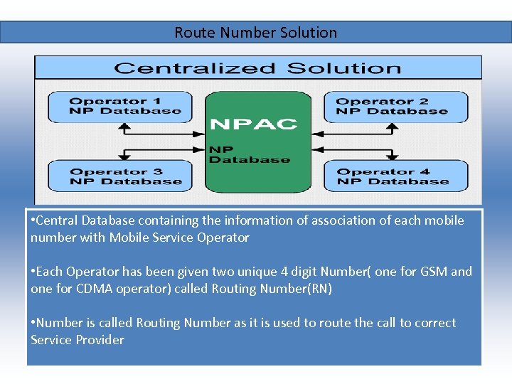 Route Number Solution • Central Database containing the information of association of each mobile