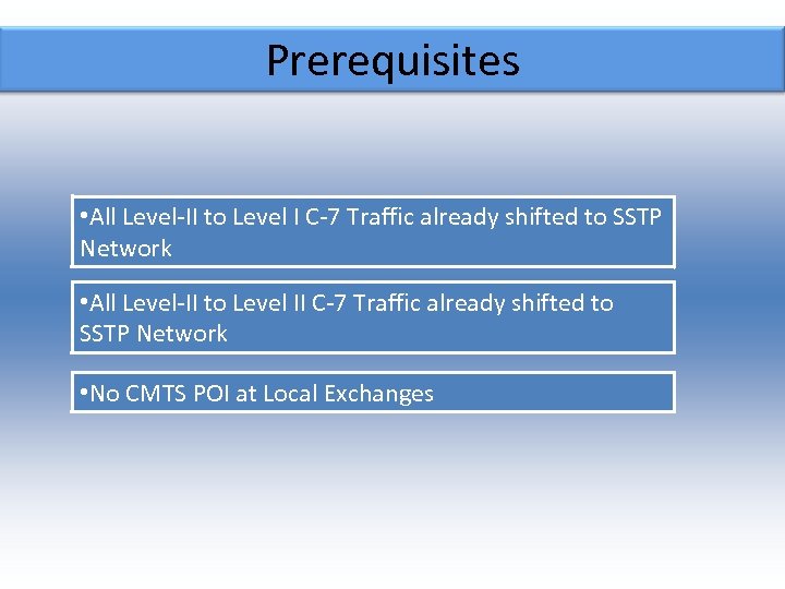 Prerequisites • All Level-II to Level I C-7 Traffic already shifted to SSTP Network