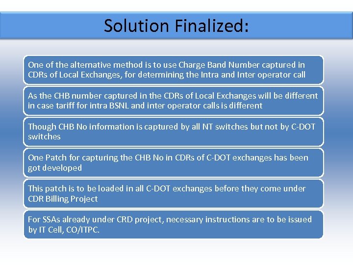 Solution Finalized: One of the alternative method is to use Charge Band Number captured