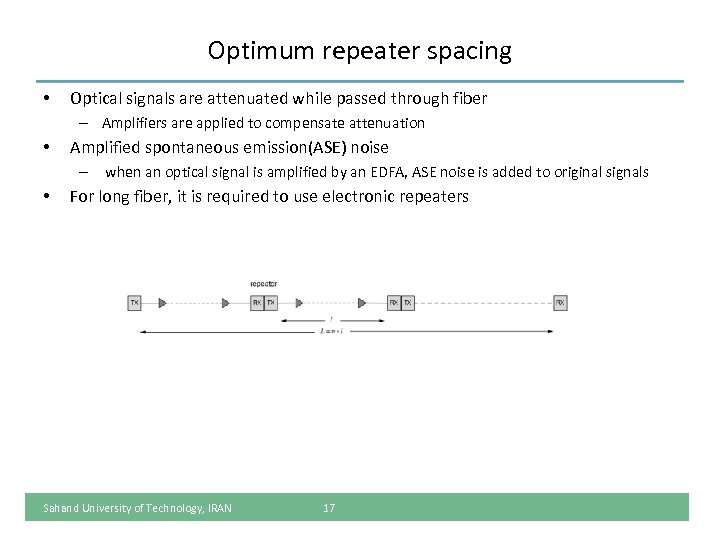 Optimum repeater spacing • Optical signals are attenuated while passed through fiber – Amplifiers