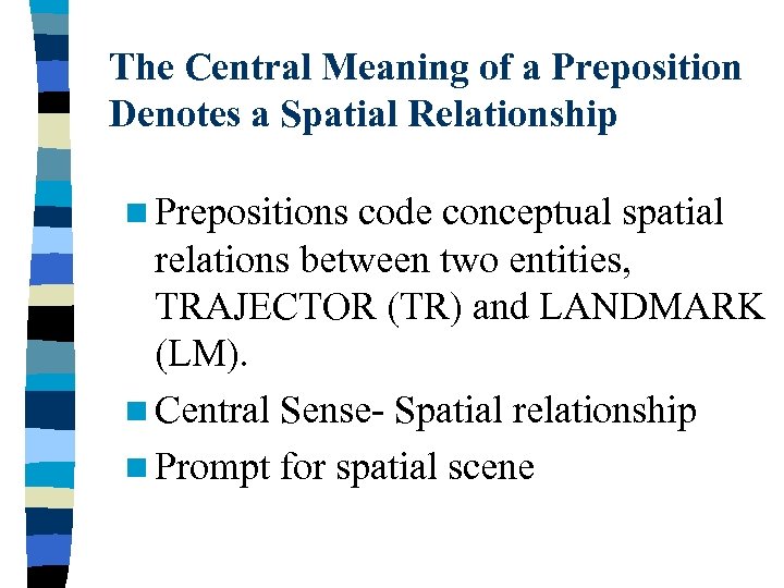 The Central Meaning of a Preposition Denotes a Spatial Relationship n Prepositions code conceptual