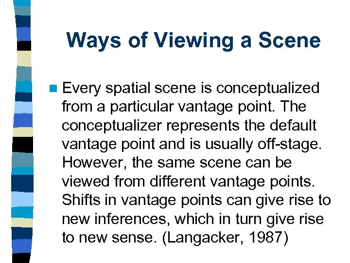 Ways of Viewing a Scene n Every spatial scene is conceptualized from a particular