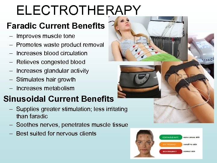 ELECTROTHERAPY Faradic Current Benefits – – – – Improves muscle tone Promotes waste product