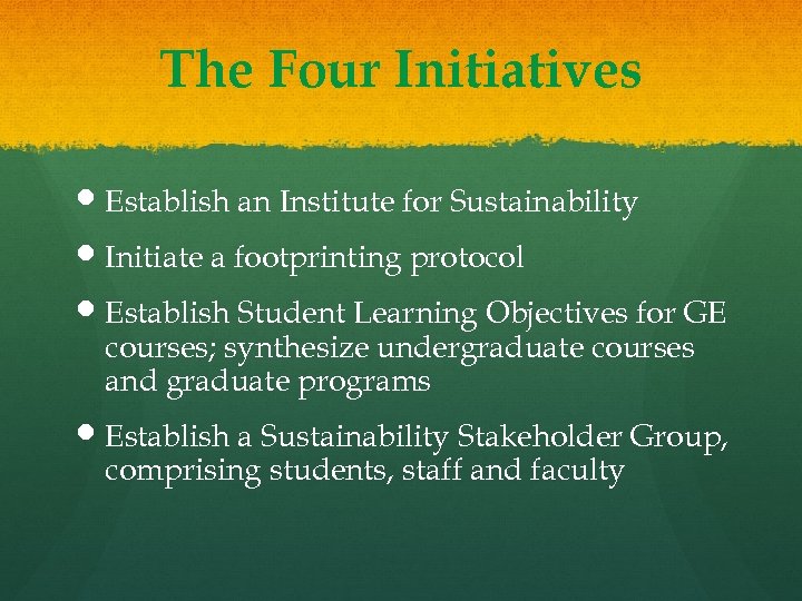 The Four Initiatives Establish an Institute for Sustainability Initiate a footprinting protocol Establish Student