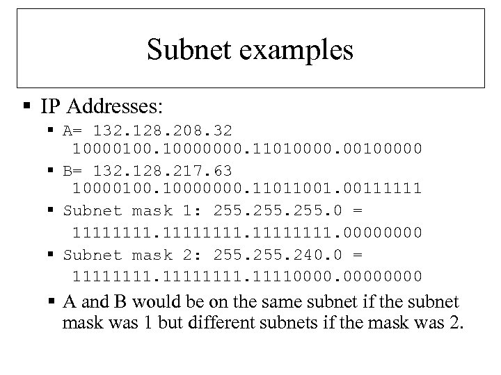 Subnet examples § IP Addresses: § A= 132. 128. 208. 32 10000100. 10000000. 11010000.