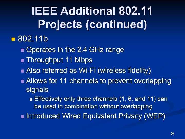 IEEE Additional 802. 11 Projects (continued) n 802. 11 b Operates in the 2.