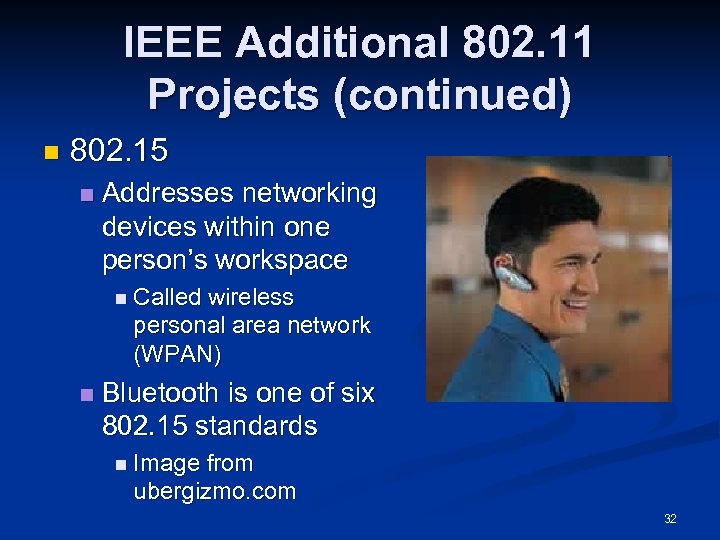 IEEE Additional 802. 11 Projects (continued) n 802. 15 n Addresses networking devices within