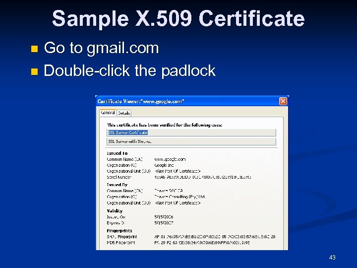 Sample X. 509 Certificate Go to gmail. com n Double-click the padlock n 43