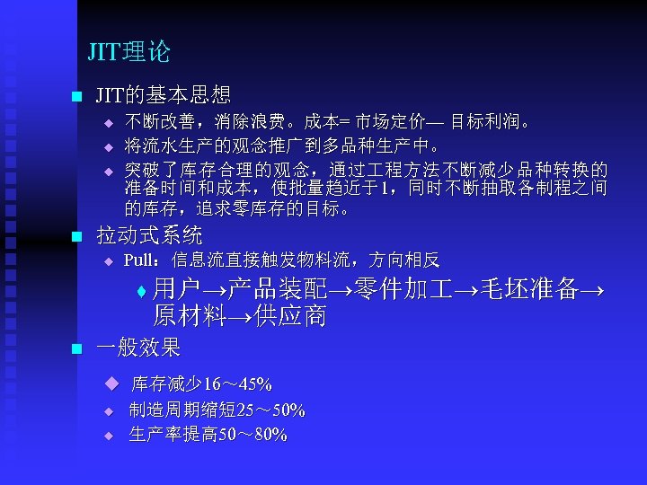 JIT理论 n JIT的基本思想 u u u n 不断改善，消除浪费。成本= 市场定价— 目标利润。 将流水生产的观念推广到多品种生产中。 突破了库存合理的观念，通过 程方法不断减少品种转换的 准备时间和成本，使批量趋近于1，同时不断抽取各制程之间