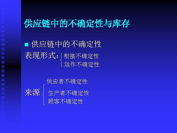 供应链中的不确定性与库存 供应链中的不确定性 表现形式：衔接不确定性 n 运作不确定性 供应者不确定性 来源 生产者不确定性 顾客不确定性 