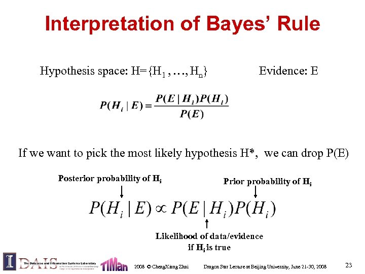 Interpretation of Bayes’ Rule Hypothesis space: H={H 1 , …, Hn} Evidence: E If