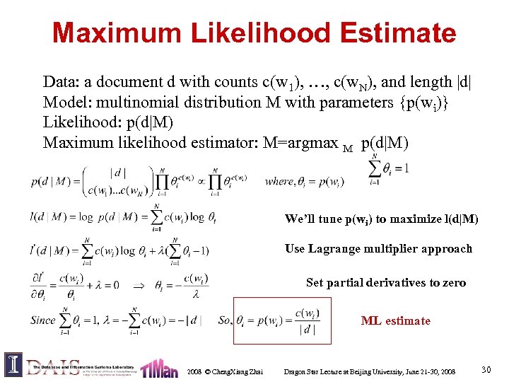 Maximum Likelihood Estimate Data: a document d with counts c(w 1), …, c(w. N),