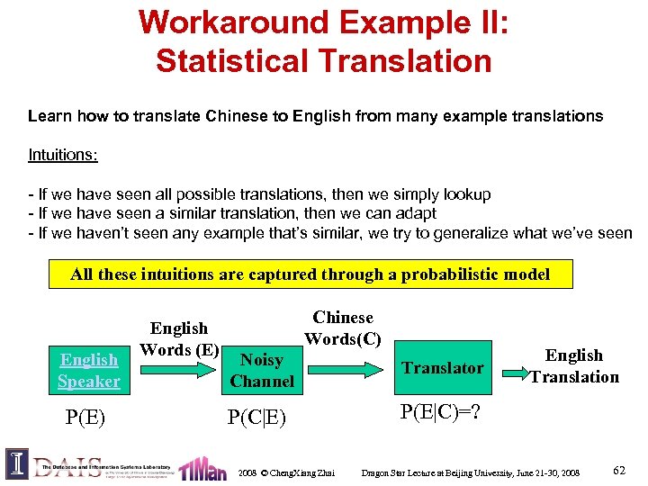 Workaround Example II: Statistical Translation Learn how to translate Chinese to English from many