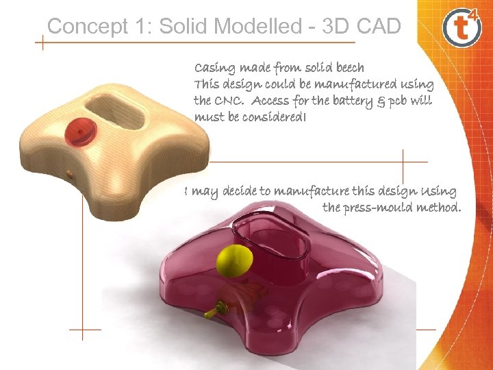 Concept 1: Solid Modelled - 3 D CAD Casing made from solid beech This