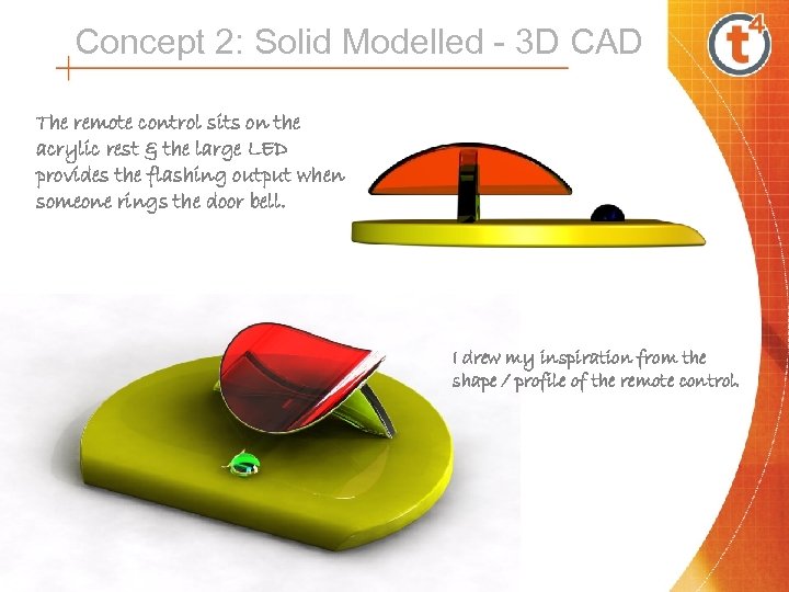 Concept 2: Solid Modelled - 3 D CAD The remote control sits on the