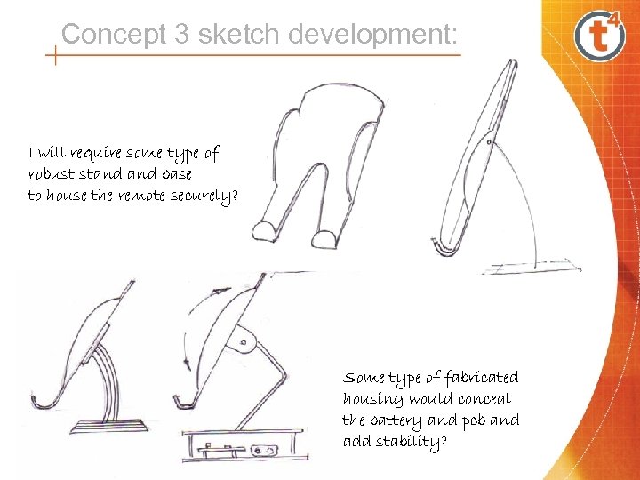 Concept 3 sketch development: I will require some type of robust stand base to
