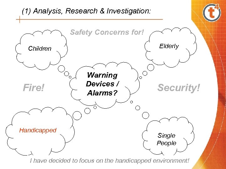 (1) Analysis, Research & Investigation: Safety Concerns for! Elderly Children Fire! Handicapped Warning Devices