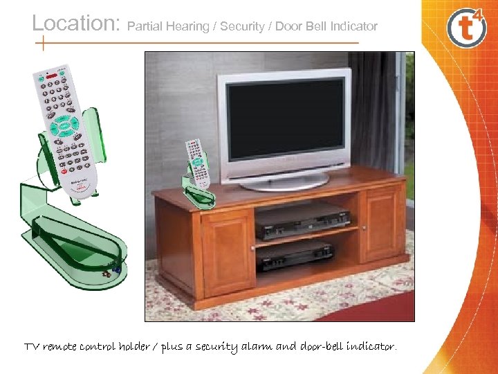 Location: Partial Hearing / Security / Door Bell Indicator TV remote control holder /