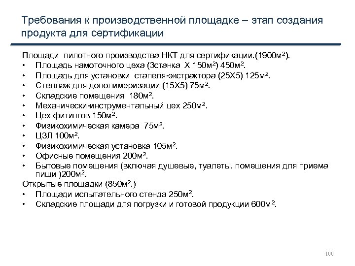 Требования к производственной площадке – этап создания продукта для сертификации Площади пилотного производства НКТ