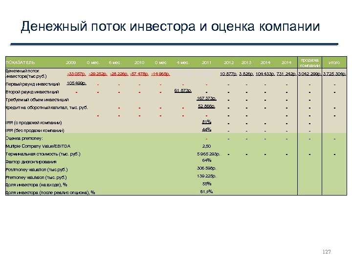 Денежный поток инвестора и оценка компании ПОКАЗАТЕЛЬ 2009 0 мес. 6 мес. 2010 0