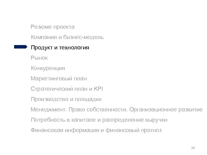 Резюме проекта Компания и бизнес-модель Продукт и технология Рынок Конкуренция Маркетинговый план Стратегический план