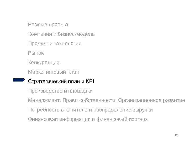 Резюме проекта Компания и бизнес-модель Продукт и технология Рынок Конкуренция Маркетинговый план Стратегический план