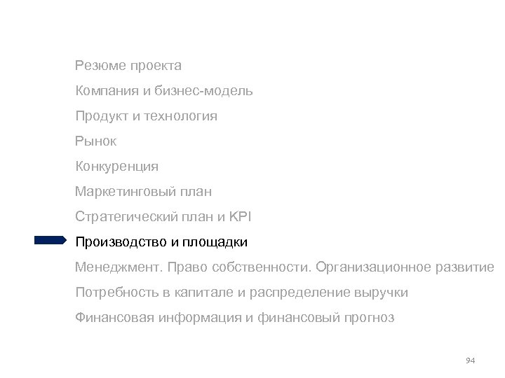 Резюме проекта Компания и бизнес-модель Продукт и технология Рынок Конкуренция Маркетинговый план Стратегический план